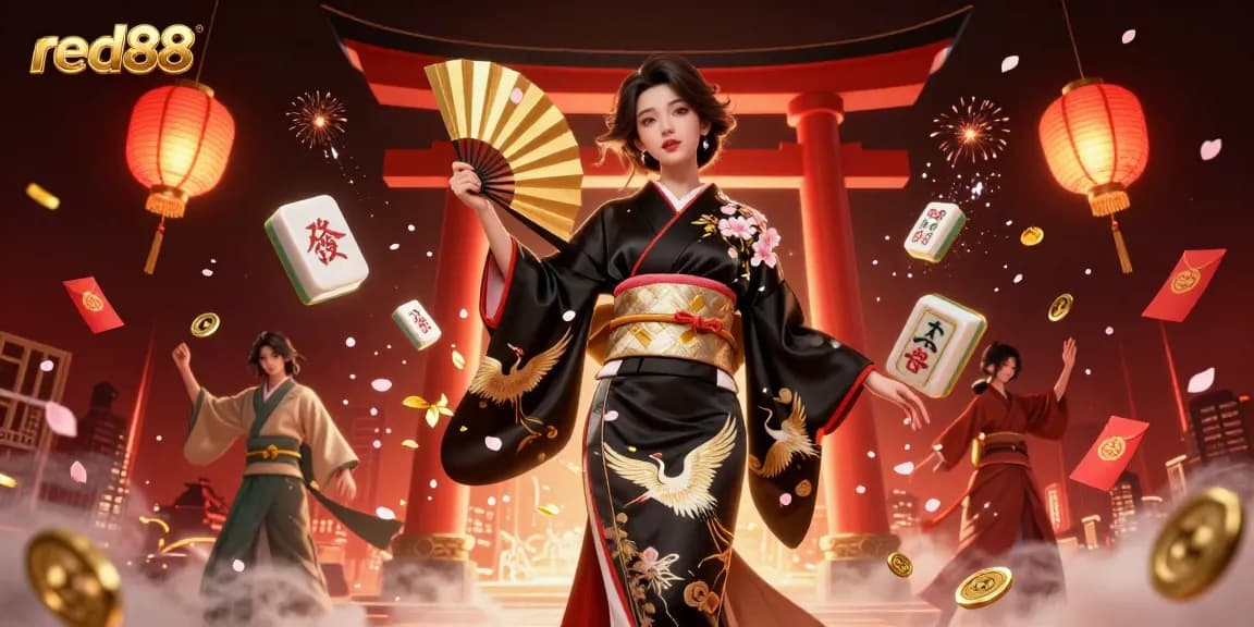 Experience the excitement of red88 with this vibrant illustration featuring a graceful Asian woman holding a fan, surrounded by dynamic casino elements.