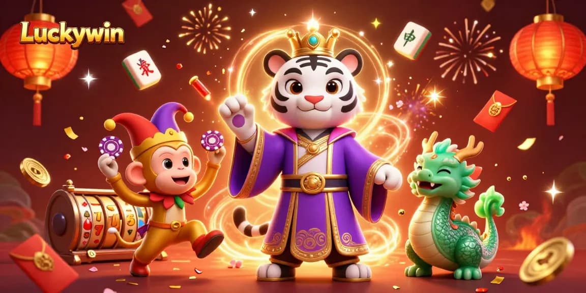 Luckywin captivates players with unique 3D casino scene showcasing a tiger, monkey, and dragon.