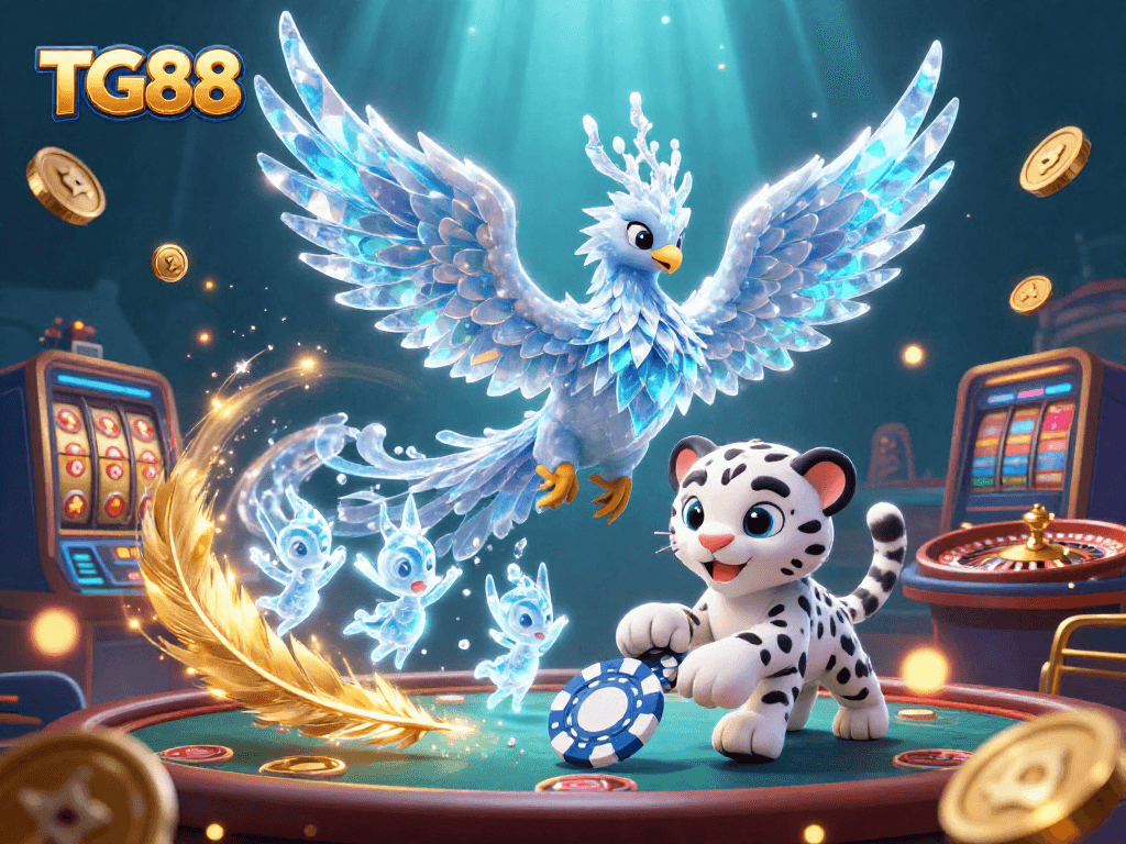 Experience dynamic gameplay at TG88 with vibrant ice phoenix and snow leopard in a stunning casino scene.