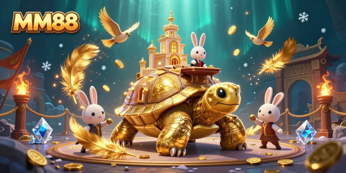 Join the exciting MM88 adventure with a golden tortoise casino and a rabbit dealer amidst flying gold coins.