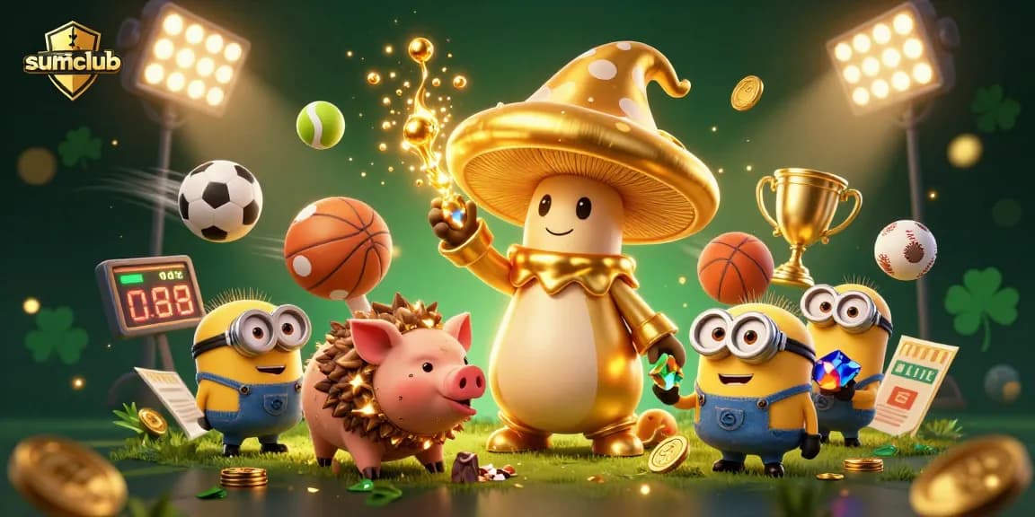 Experience thrilling wins at sumclub with vibrant 3D characters depicting excitement and gaming action amidst dynamic elements.