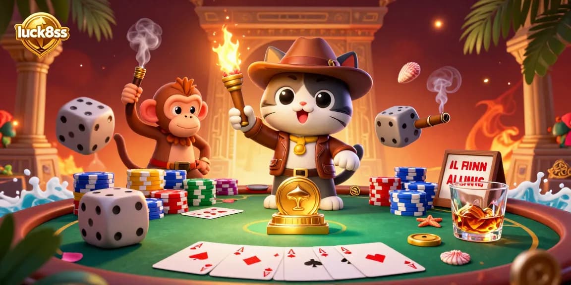Engage with luck8ss in a vibrant scene of a cartoon cat archaeologist exploring casino treasures.