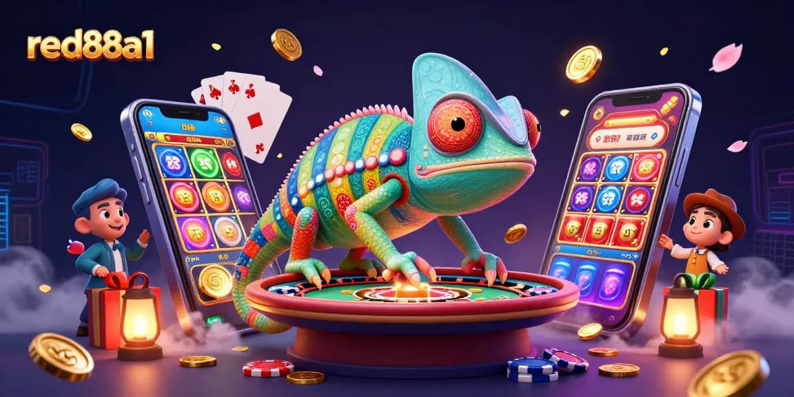Experience the excitement of red88a1 at this vibrant casino scene featuring a chameleon owner and dynamic game elements.