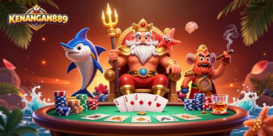 ENGAGE with KENANGAN889 through thrilling poker action in a vibrant underwater casino scene.