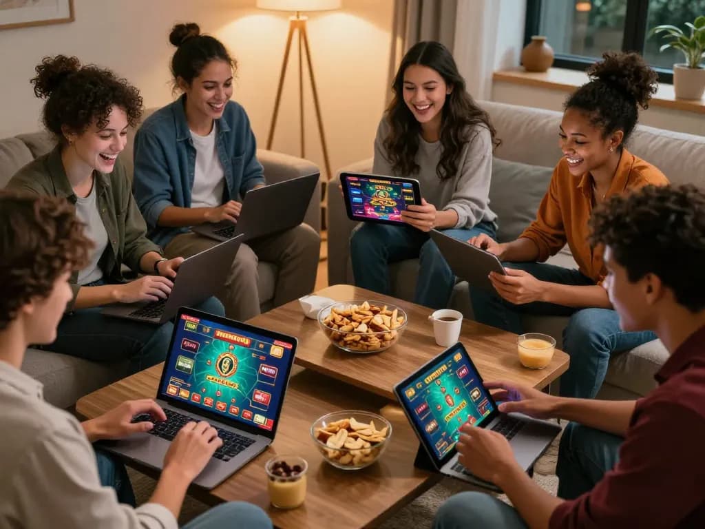 Friends enjoying rokok88 online gaming experience in a cozy living room, showcasing fun and strategy.