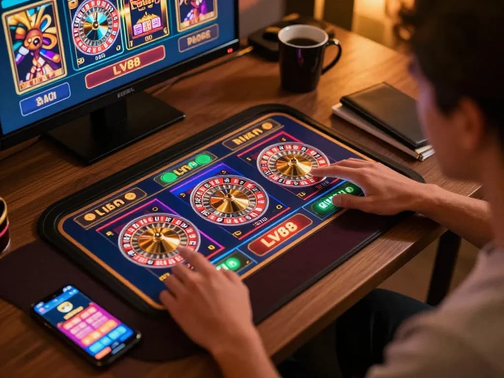 LV88 player engaging with an online casino game on tablet, showcasing immersive gaming experience