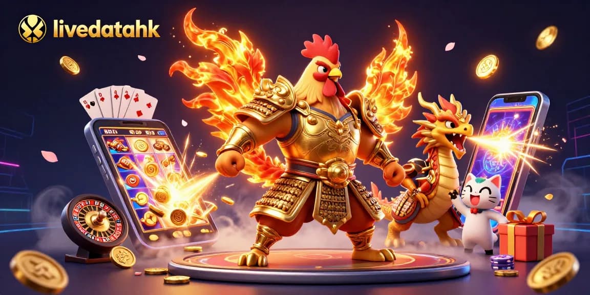Grafik menarik livedatahk menampilkan ayam jantan yang gagah berperang dan naga bersenjata di arena slot.
