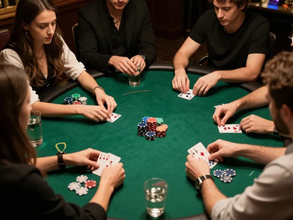 Friends engaged in a strategic poker game at home, highlighting the excitement and social connection at f8bet0.