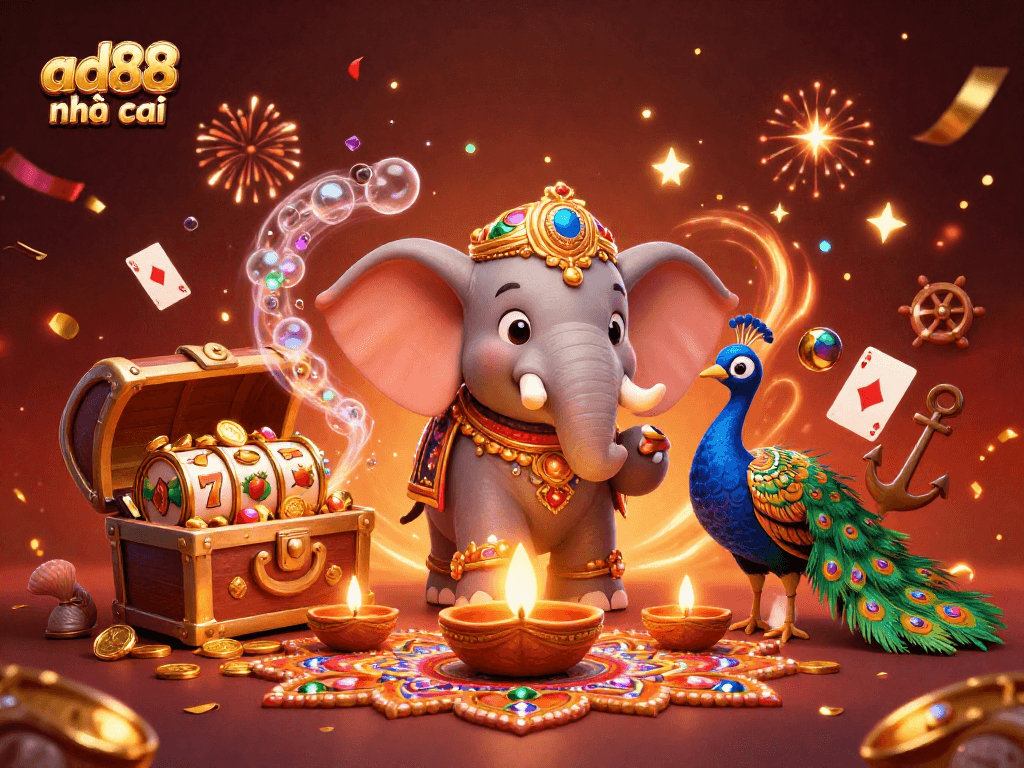 Experience excitement at ad88 nhà cái with a vibrant 3D casino-themed illustration filled with slots and treasures.