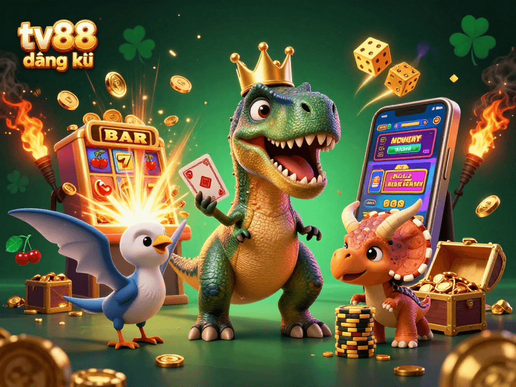 Experience exciting gameplay with tv88 đăng ký and a fun T-Rex dealer amidst rich casino elements.