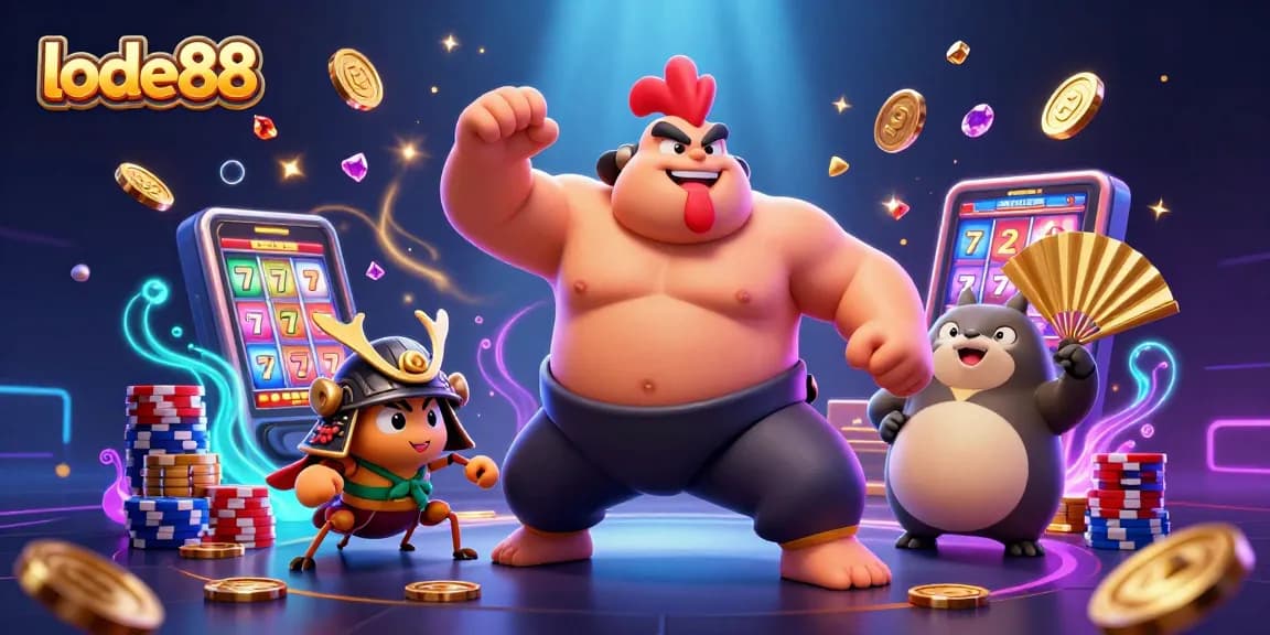 Experience the excitement of lode88 with a dynamic 3D casino scene featuring lucky slots and vibrant characters.