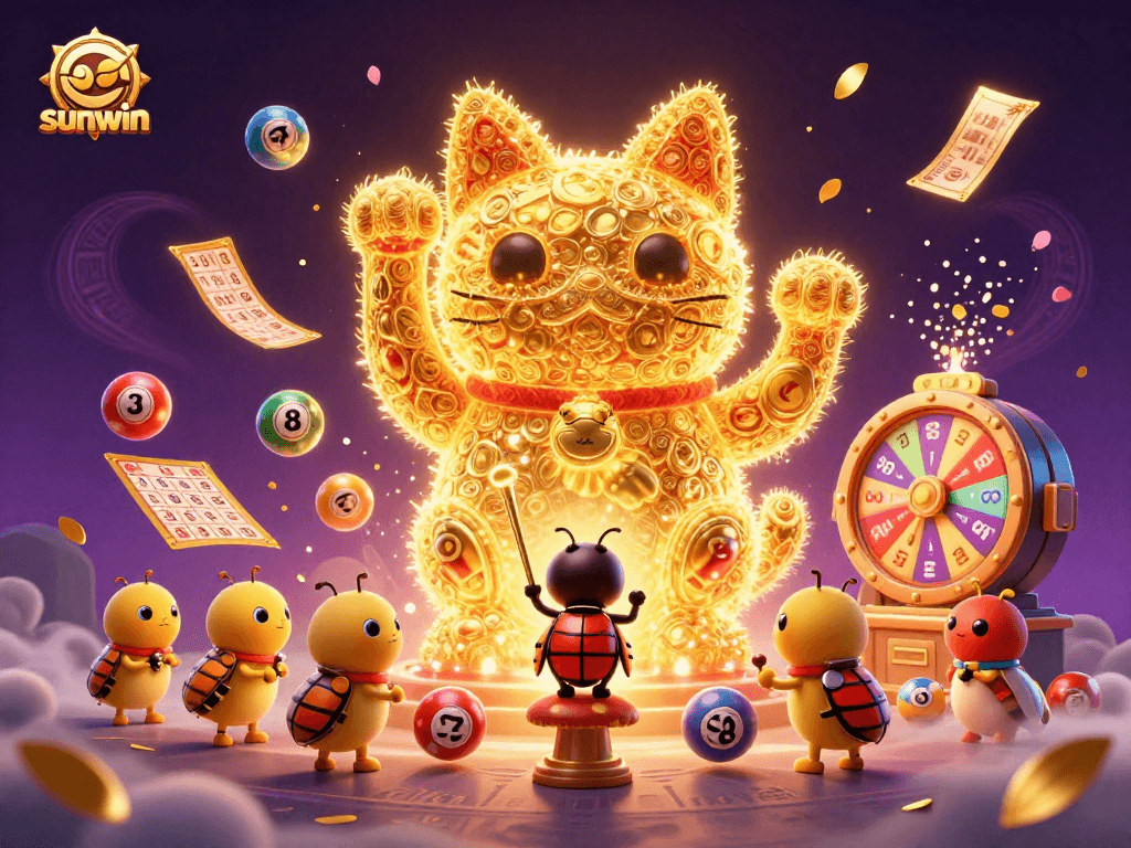 Play exciting lottery with sunwin featuring a lively lucky cat and dynamic game elements.