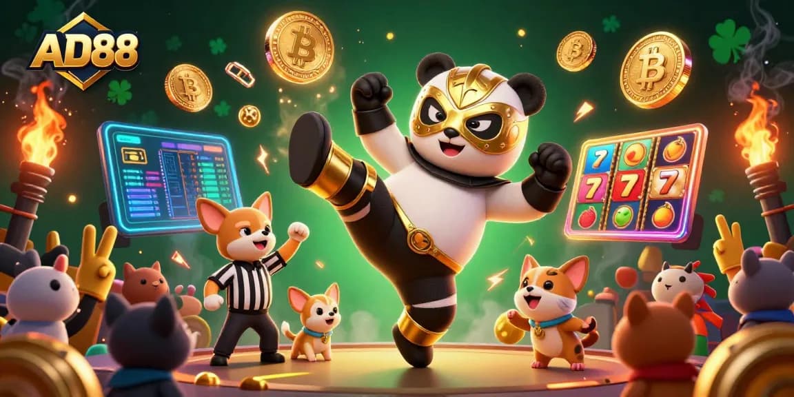 Join the excitement at AD88 with an action-packed scene of a panda wrestler and animal spectators amid vibrant casino elements.
