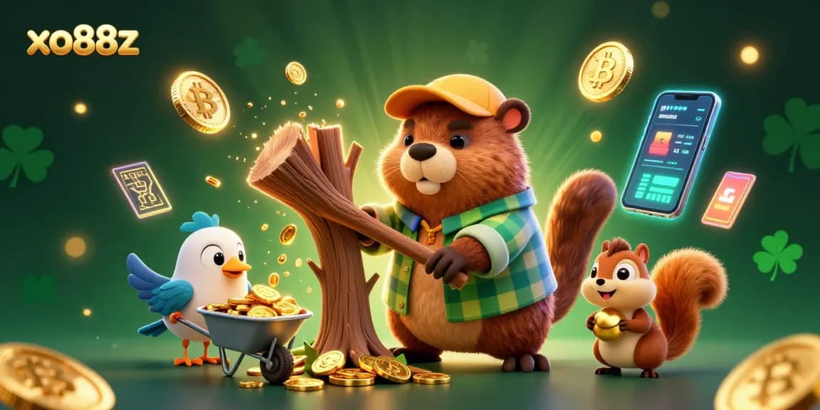 Experience the thrill of gaming with xo88z as a lumberjack beaver chops coins from a tree in this vibrant casino scene.