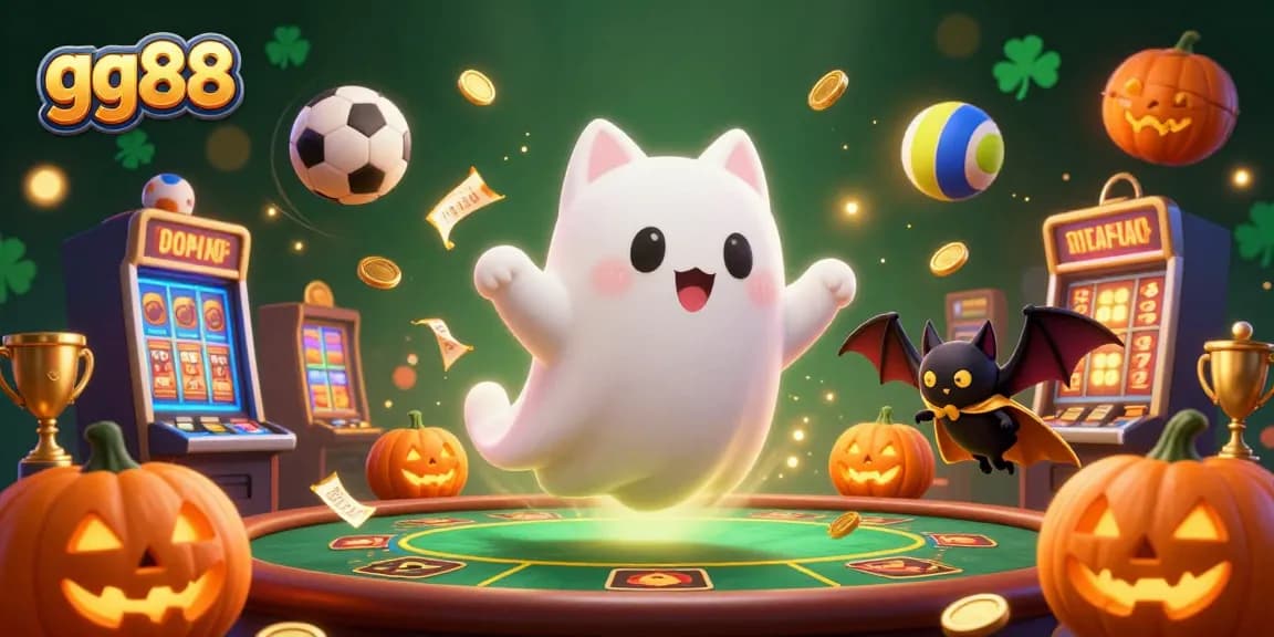 Experience the excitement at gg88 with a friendly ghost cat in a vibrant casino setting.