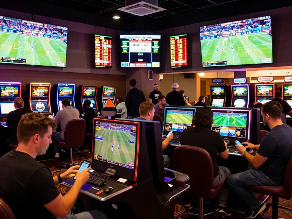 Dynamic scene of sports betting at nhandinhkeonhacai casino, showcasing enthusiastic bettors and live odds displays