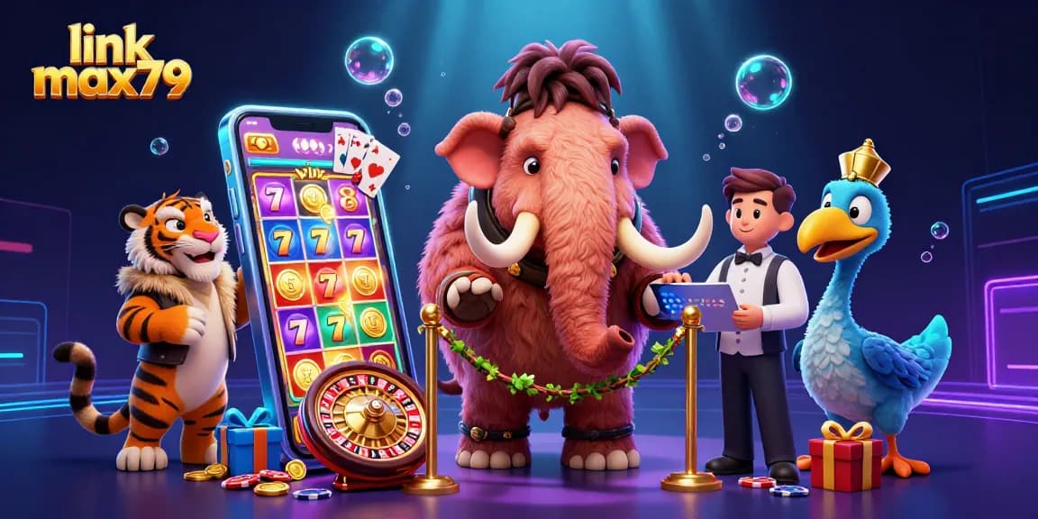 Spin winning reels at link max79 with a vibrant casino scene featuring unique characters.