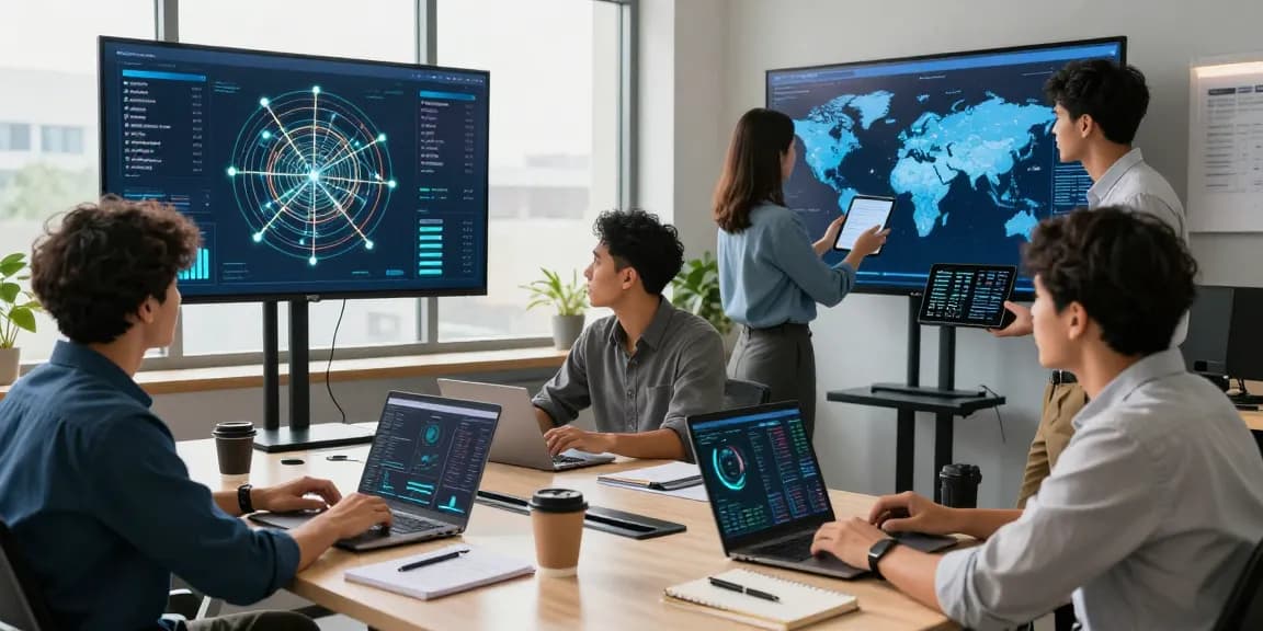 快連 VPN 團隊在現代科技工作空間中優化全球網絡表現，並使用協作工具。