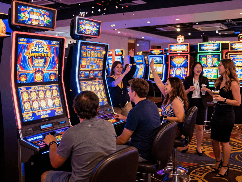 Players celebrating a slot jackpot win at a colorful casino.