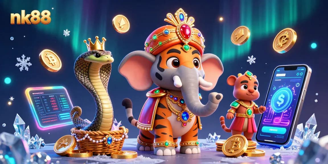 Betting with nk88: Watch the tiger maharaja and his elephant amidst vibrant crypto elements in this casino scene.