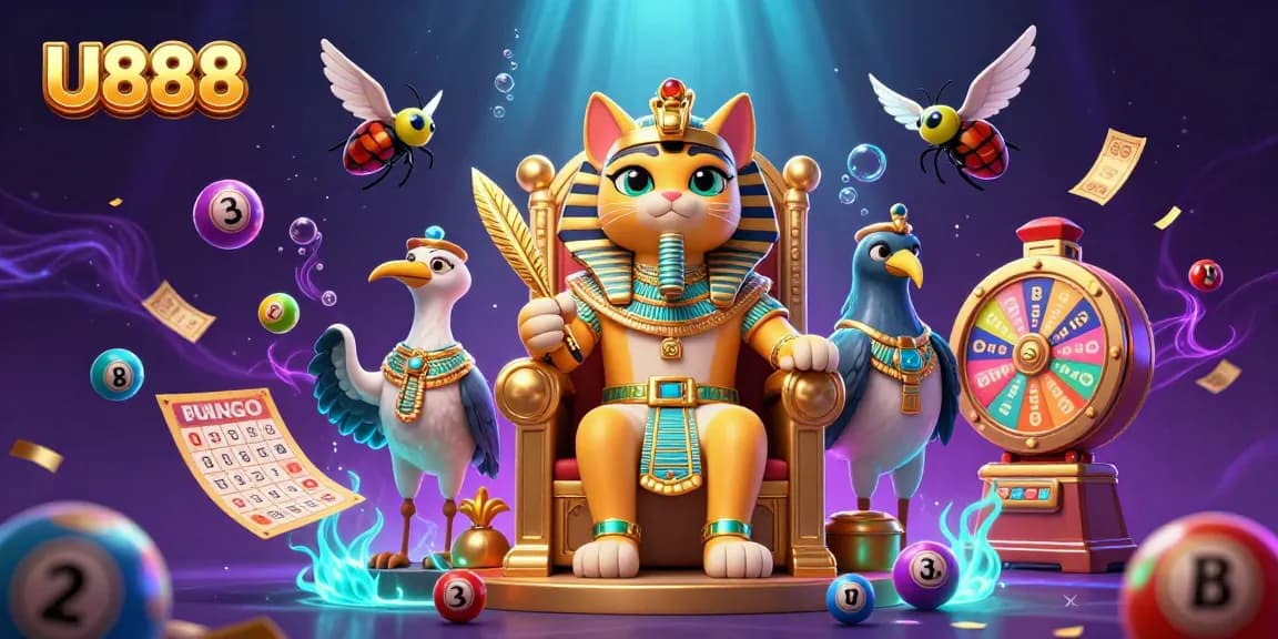 Engage with U888's vibrant lottery scene featuring a pharaoh cat, lively elements, and dynamic energy.