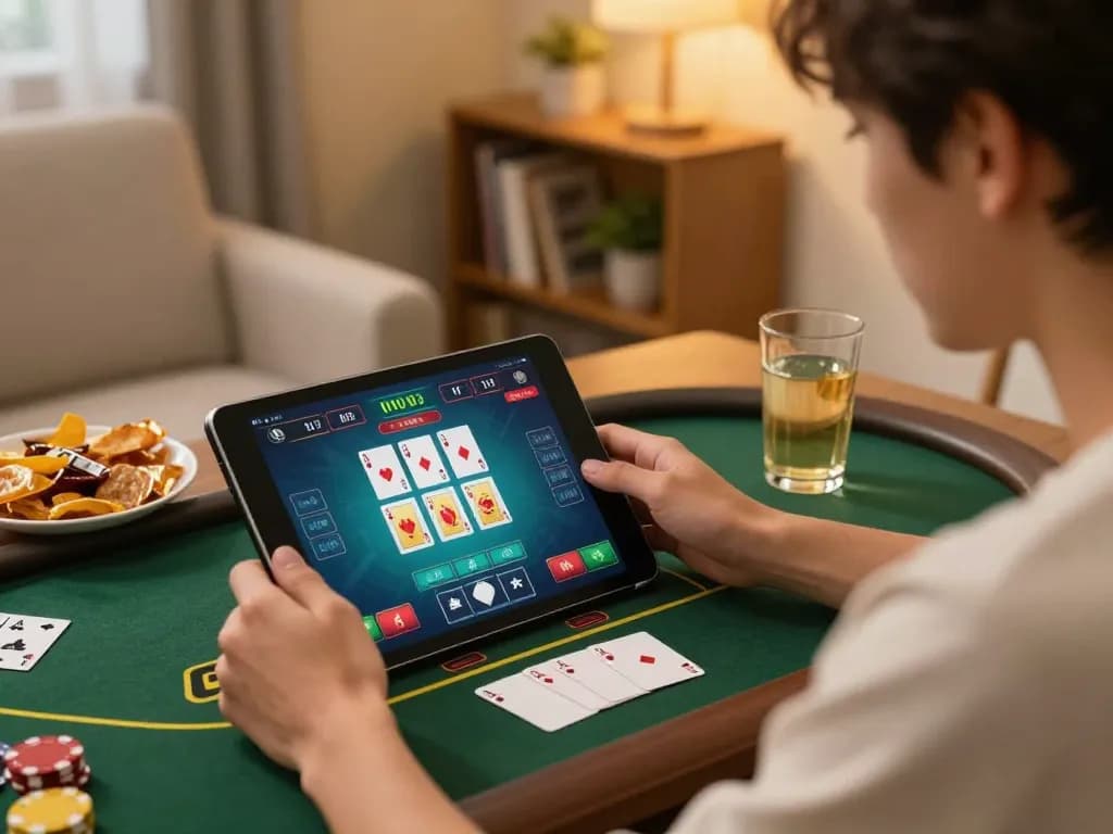 GG88 user intensely placing bets while playing blackjack online from a cozy home setting.