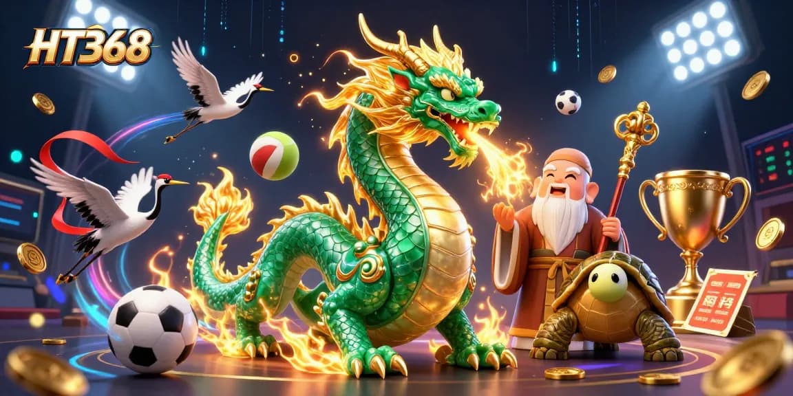 Win with HT368 at the online casino, featuring a vibrant 3D dragon and lucky symbols.