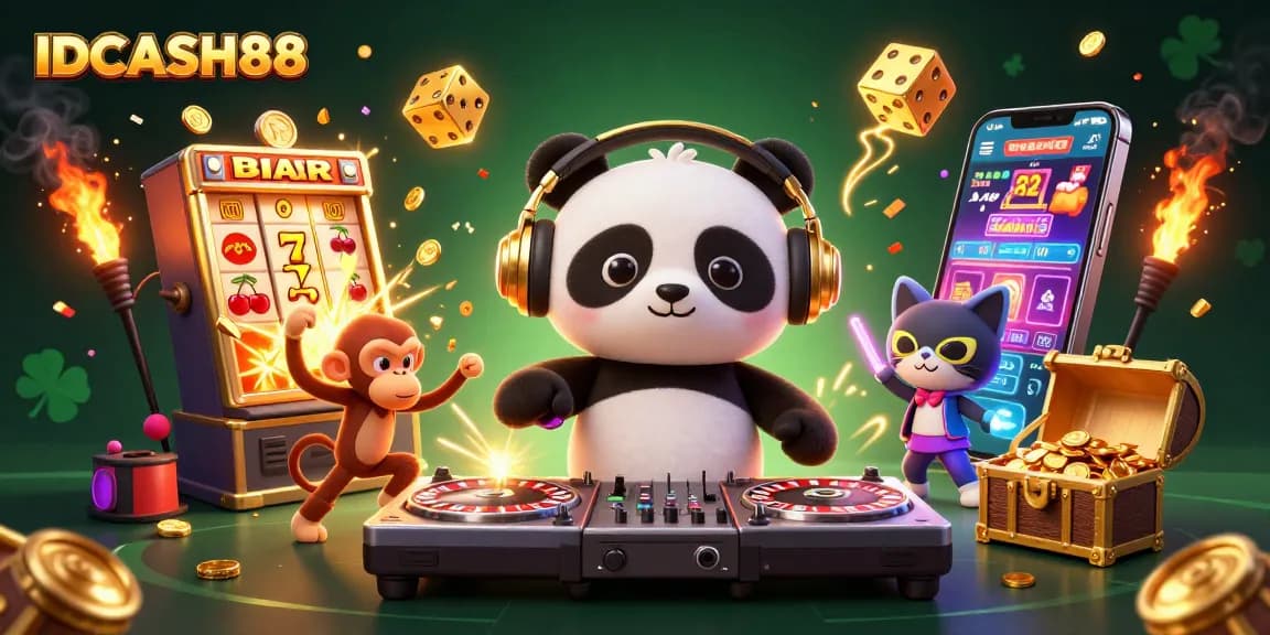 Explore exciting games and jackpots at IDCASH88 with vibrant 3D characters and casino elements.