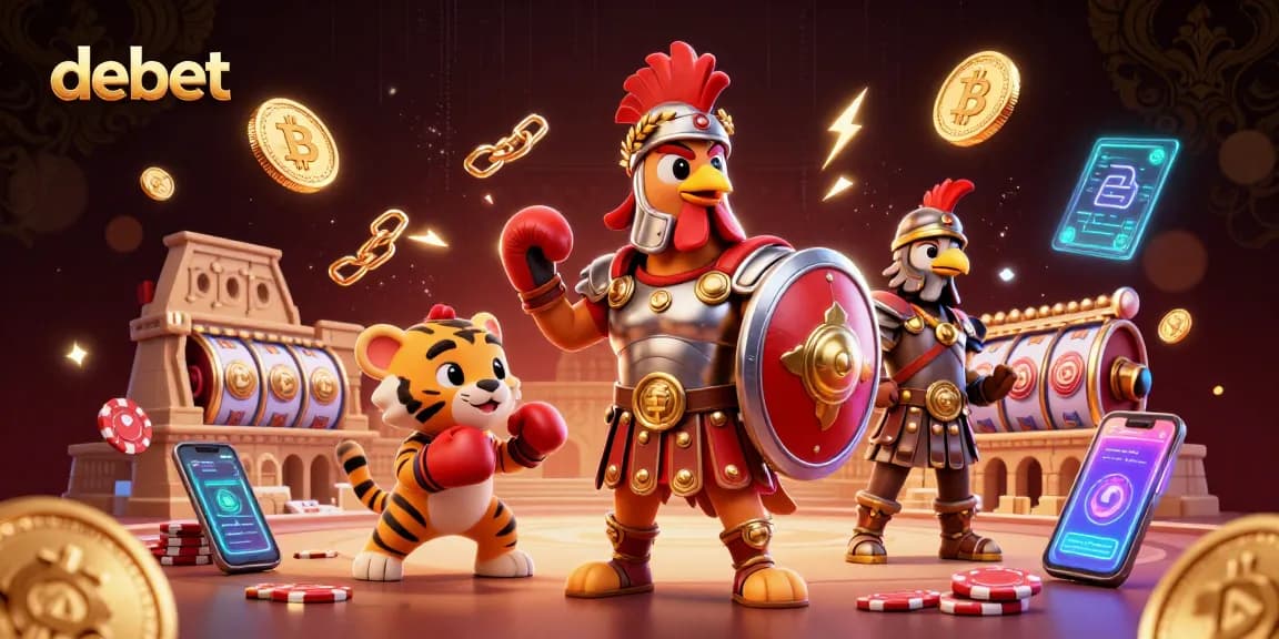 Betting thrills at debet with a colorful 3D casino scene featuring a rooster and crypto coins.