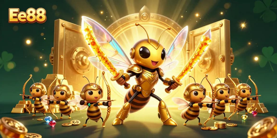 Engage in thrilling adventures with Ee88 as a golden hornet warrior explores casino treasures.