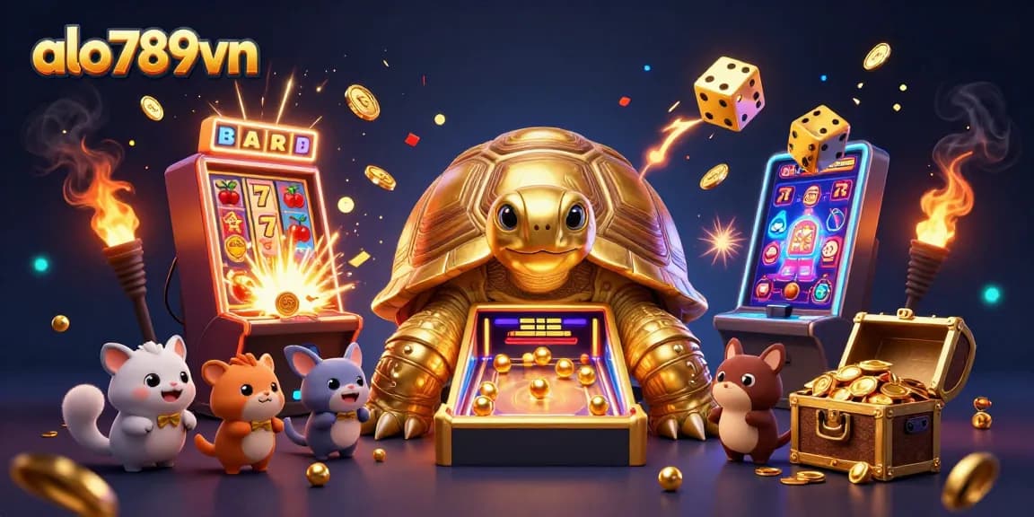 Play exciting games at alo789vn, featuring a colossal tortoise pinball machine surrounded by vibrant casino elements.
