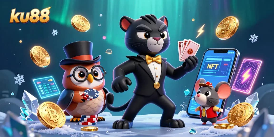 Engage with ku88 as a stylish panther deals cards amidst Bitcoin and Ethereum elements in a vibrant casino scene.