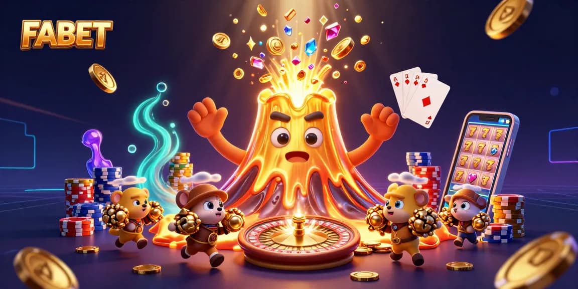 FABET showcases a triumphant volcano erupting coins in a rich casino scene.