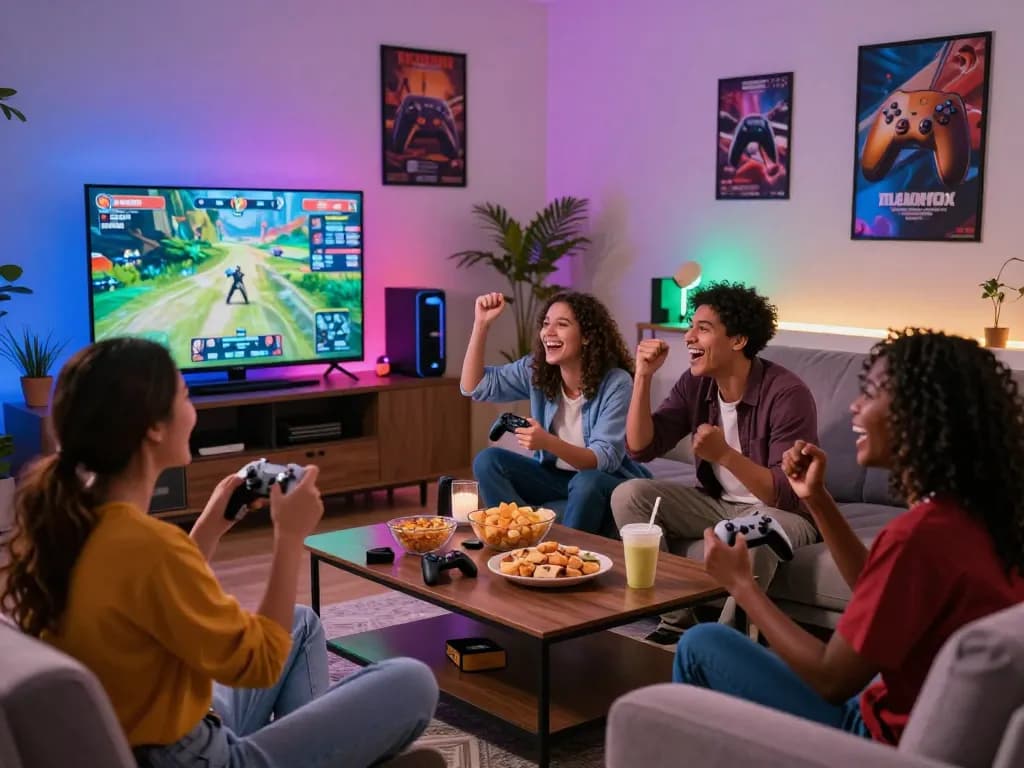 Engaging gaming night with friends playing wraungtoto, filled with laughter and snacks.