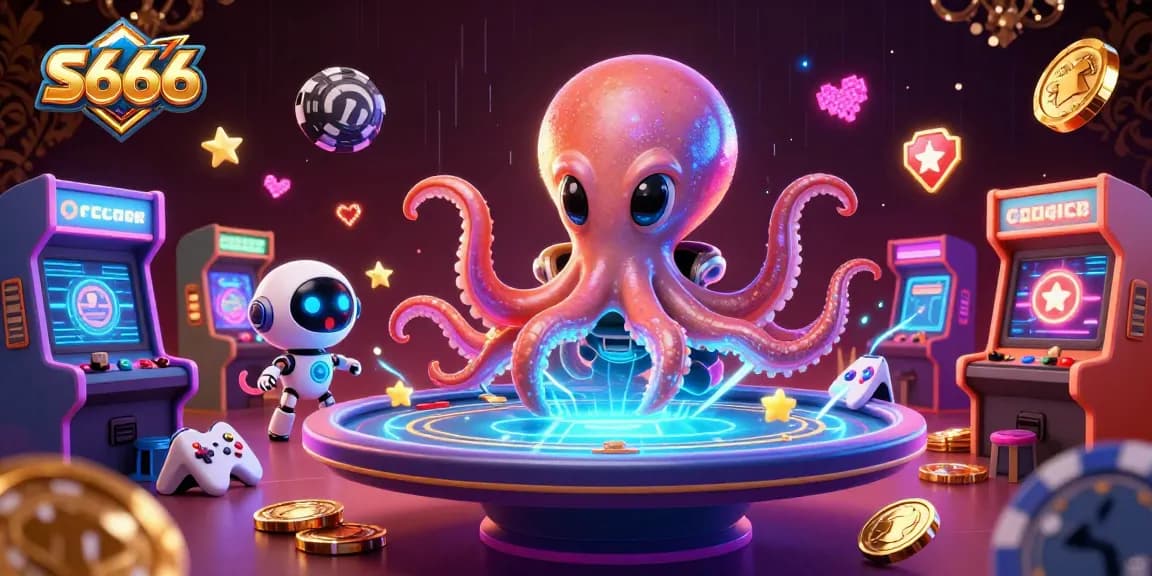 S666 showcases a vibrant alien poker scene with a charming octopus and robot amidst colorful gaming elements.
