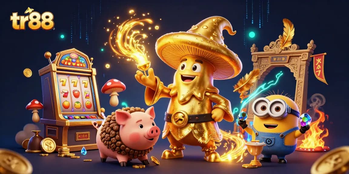 Spin the reels at tr88 with a golden mushroom wizard and treasure-hunting pig in a vibrant casino.