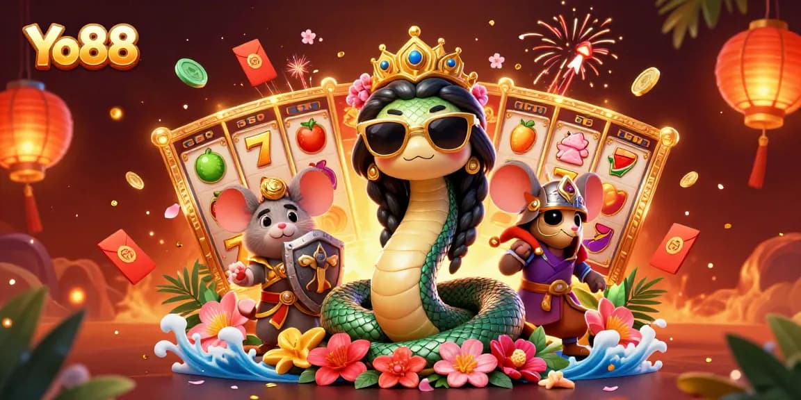 Experience the excitement of Yo88 with this vibrant casino-themed illustration featuring slot reels and lucky symbols.