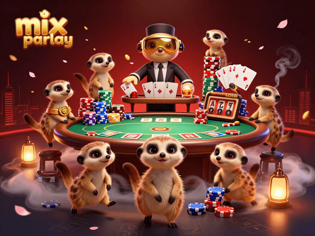 Experience the excitement of a mix parlay casino scene with meerkats managing a vibrant gaming atmosphere.