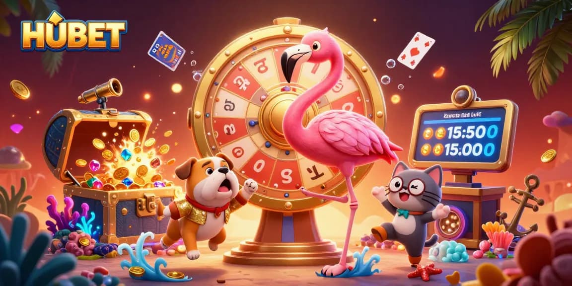 Experience exciting gambling with HUBET characters enjoying a vibrant casino atmosphere full of treasures.