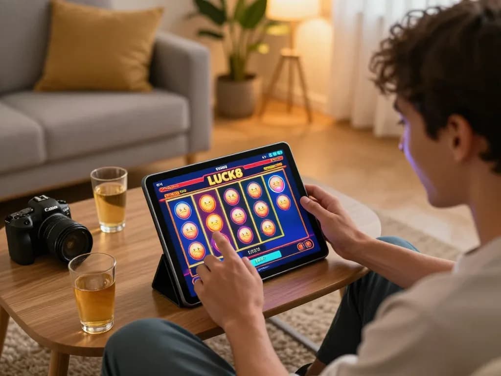 Người chơi tận hưởng LUCK8 trên tablet trong không gian ấm cúng với màn hình máy đánh bạc rực rỡ.