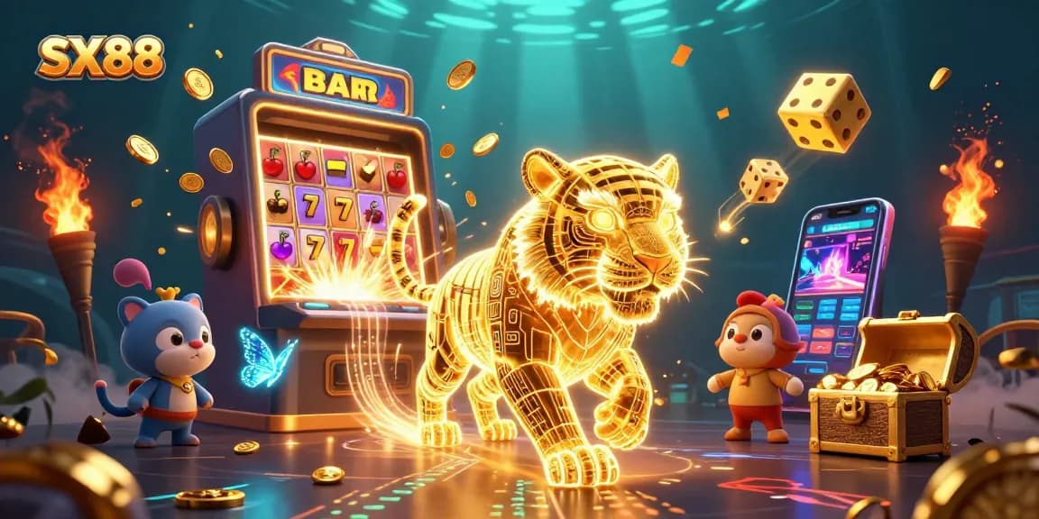 SX88 vibrantly showcases a jackpot explosion from a slot machine, surrounded by neon tiger energy.