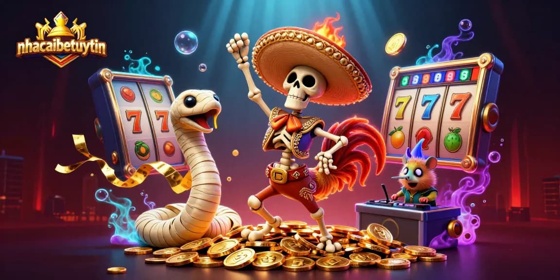 Experience the thrilling world of nhacaibetuytin as characters celebrate victory with golden coins and slot machines.