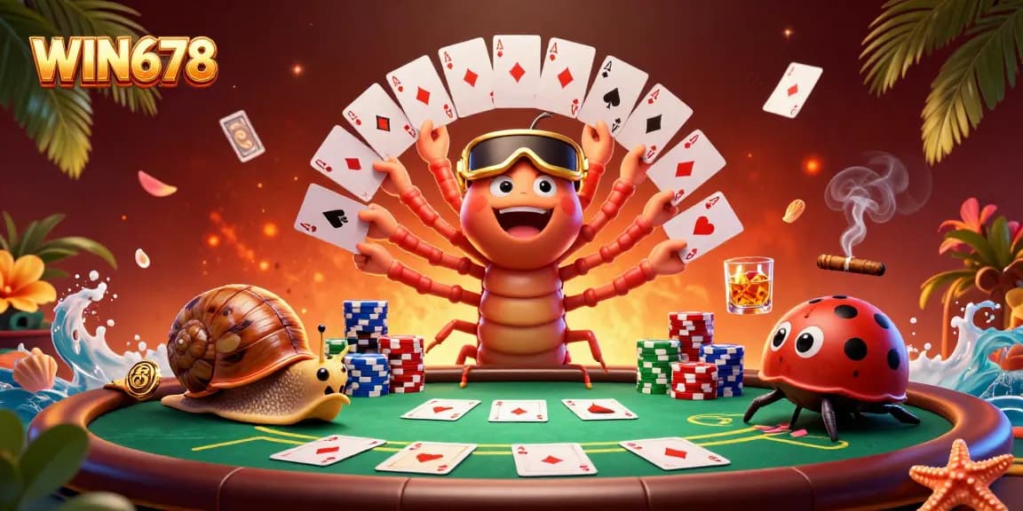 WIN678 dealer showcasing excitement with cards and chips in a vibrant casino scene.