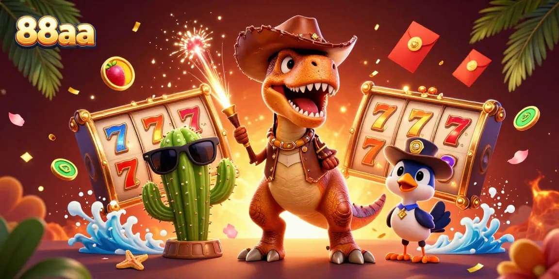 Engage with 88aa in this vibrant illustration featuring a dinosaur and cactus at a casino.