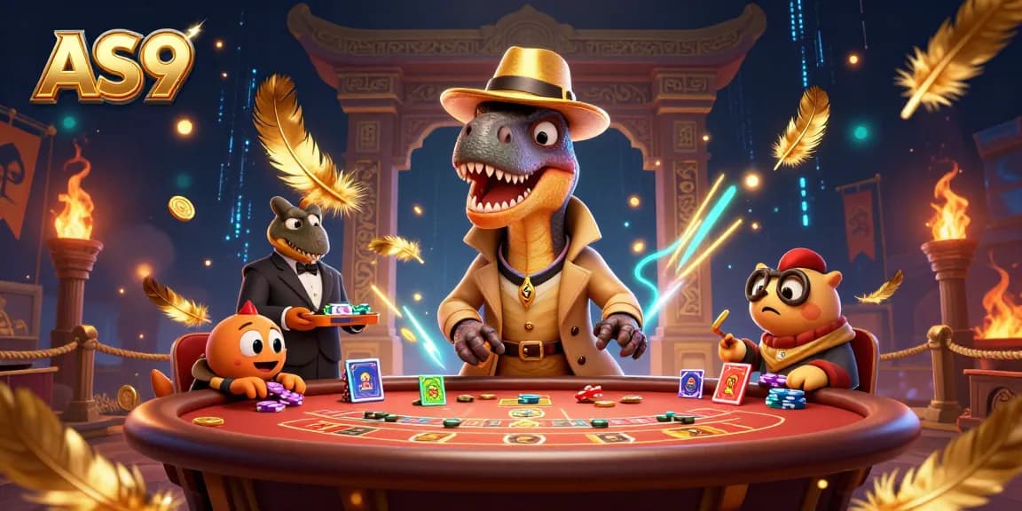 Experience thrilling gameplay with AS9 in this vibrant 3D casino scene featuring cartoon dinosaurs.