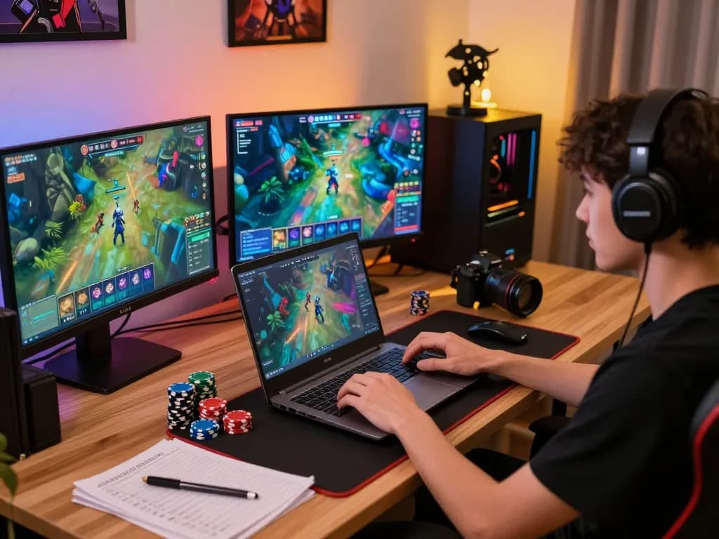 KADAL 778 gaming setup with laptop showing vibrant game interface and player engaged in strategic gameplay
