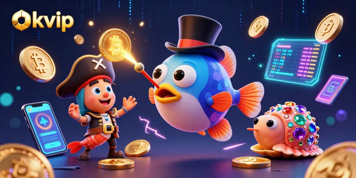 Engage with okvip's exciting casino experience featuring a vibrant scene of 3D characters and glowing crypto coins.