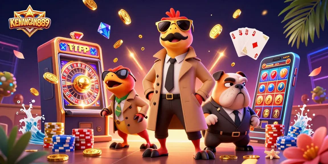 Experience fun at KENANGAN889 with raptors in a trench coat attempting VIP entry in a lively casino scene.