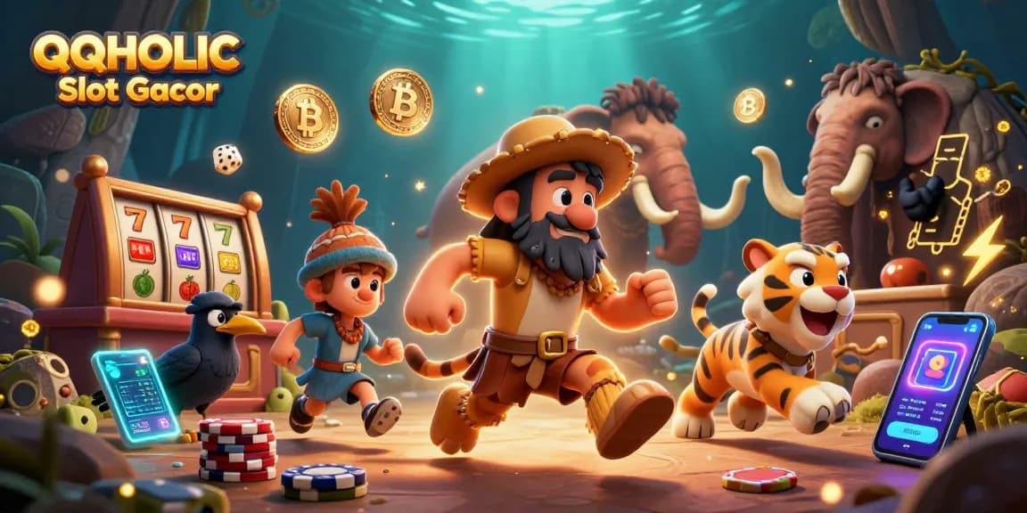Experience the excitement of QQHOLIC Slot Gacor with caveman and sabertooth in a vibrant prehistoric casino.