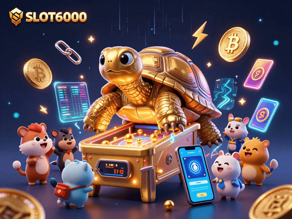 Experience thrilling gaming adventures with SLOT6000, featuring a vibrant 3D tortoise and lively crypto elements!